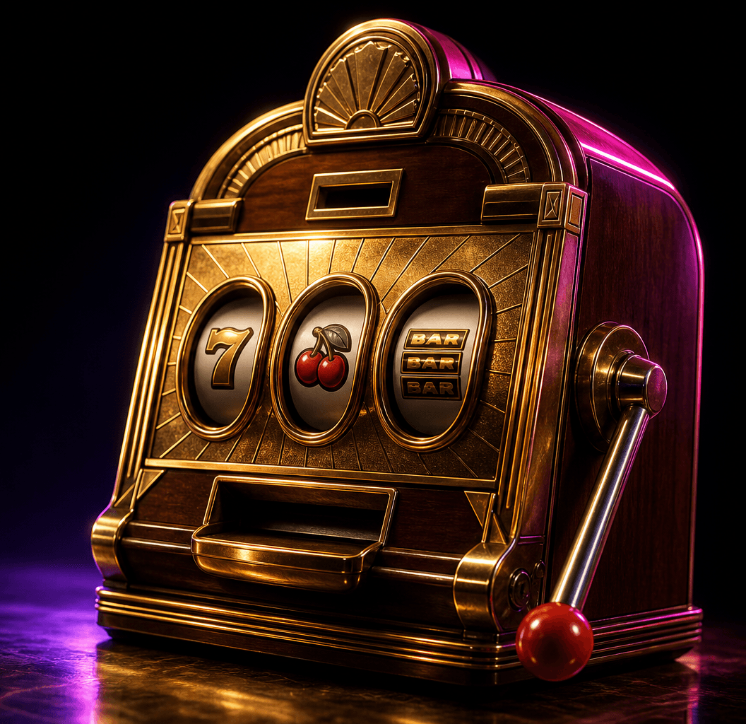 A classic three-reel slot machine rendered in the Slotdaddy palette, lit by warm gold and cool violet stage light.